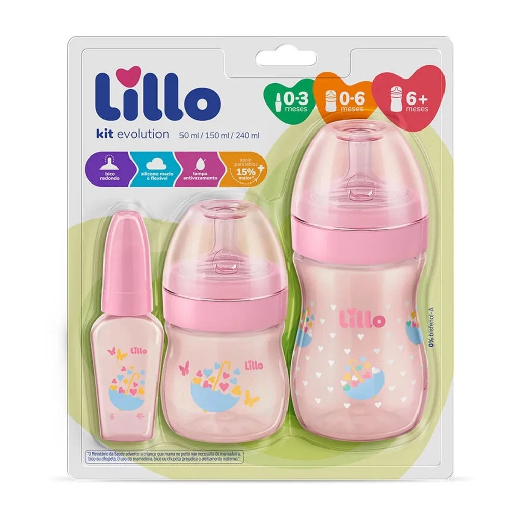 Kit 3 Mamadeiras Lillo Evolution Primeiros Passos de 0 a 1 ano Tampa Anti-vazamento